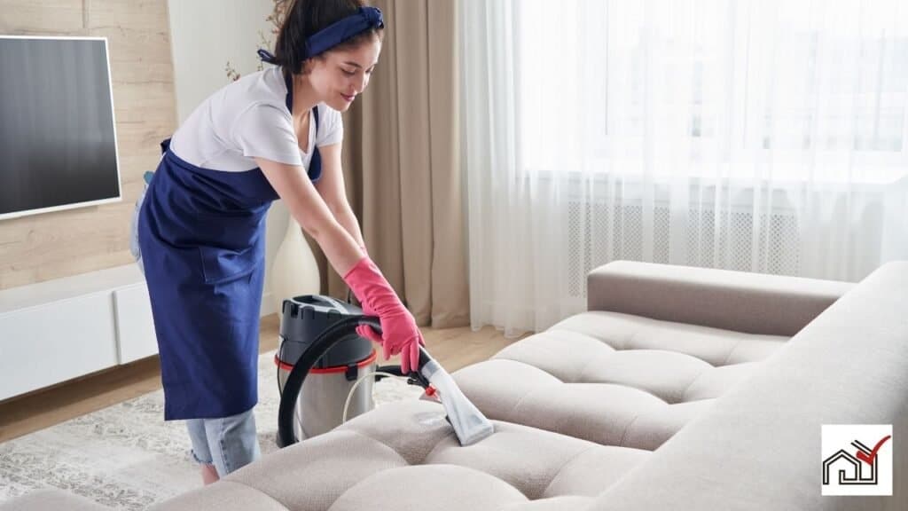 Woman vacuuming a couch