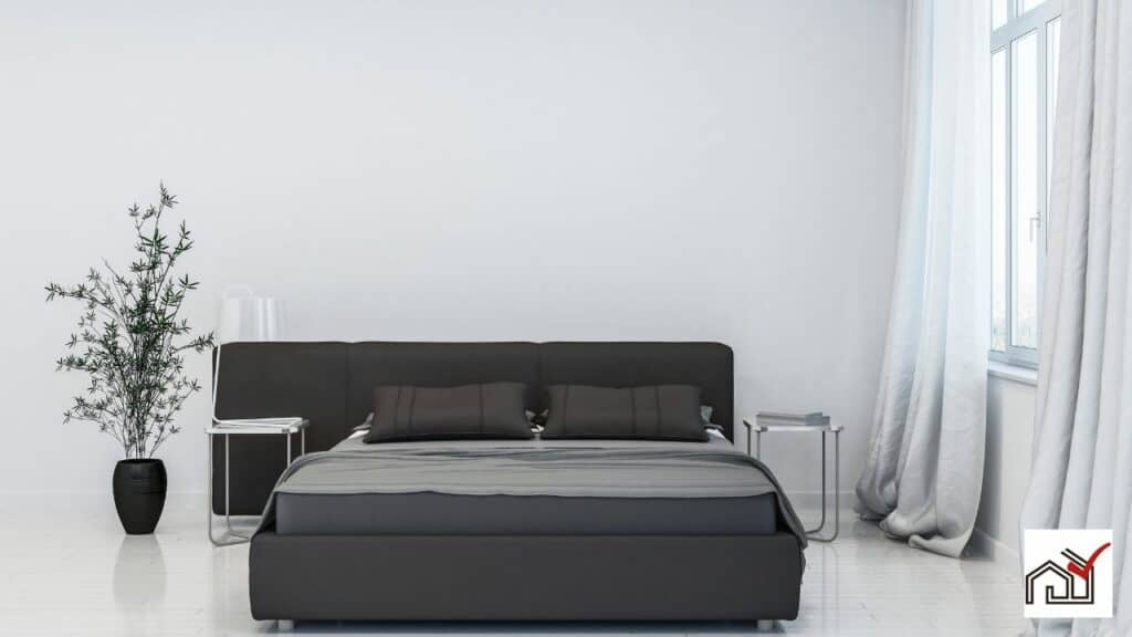 bed with grey headboard