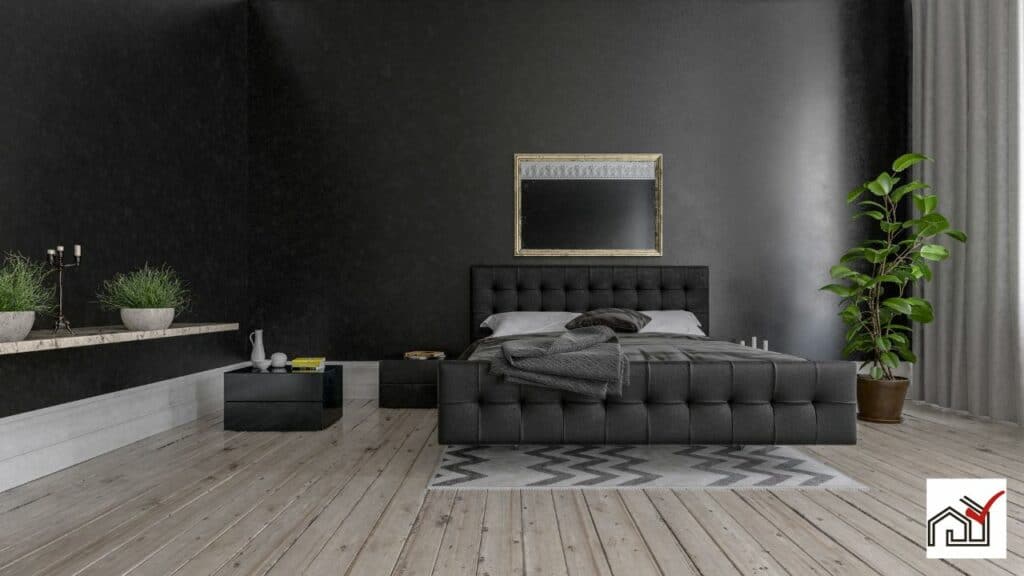 black bed with nightstand